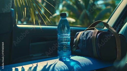 a plastic water bottle next to a yoga mat and bag on the passenger seat of a car. fitness