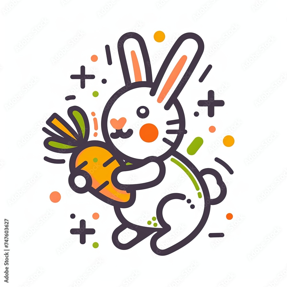 Cute cartoon rabbit hugging a carrot with joyful expression.