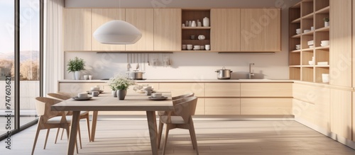This modern kitchen features wooden cabinets, a dining table with chairs, and a large window. The room is designed in a minimalist Japandi style with white and beige tones.