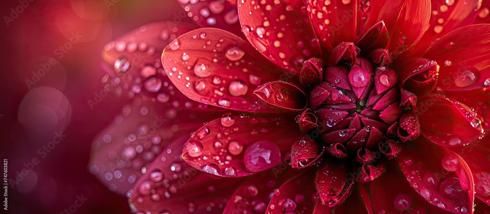 A bright burgundy flower adorned with dew drops glistening in the light. A bright burgundy flower adorned with dew drops glistening in the light.