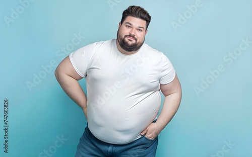 plus size male model beautiful man, posing, brunette, beard, brown eyes, with white t-shirt and blue jeans, pastel color background, Mockup template for t-shirt design print, chubby man, Overweight