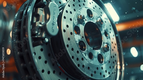 Close-up view of the disc brake rotor and caliper operation