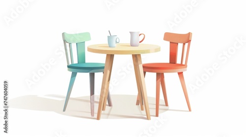 a colorful  exhibition stand-style table and two chairs set against a desolate backdrop