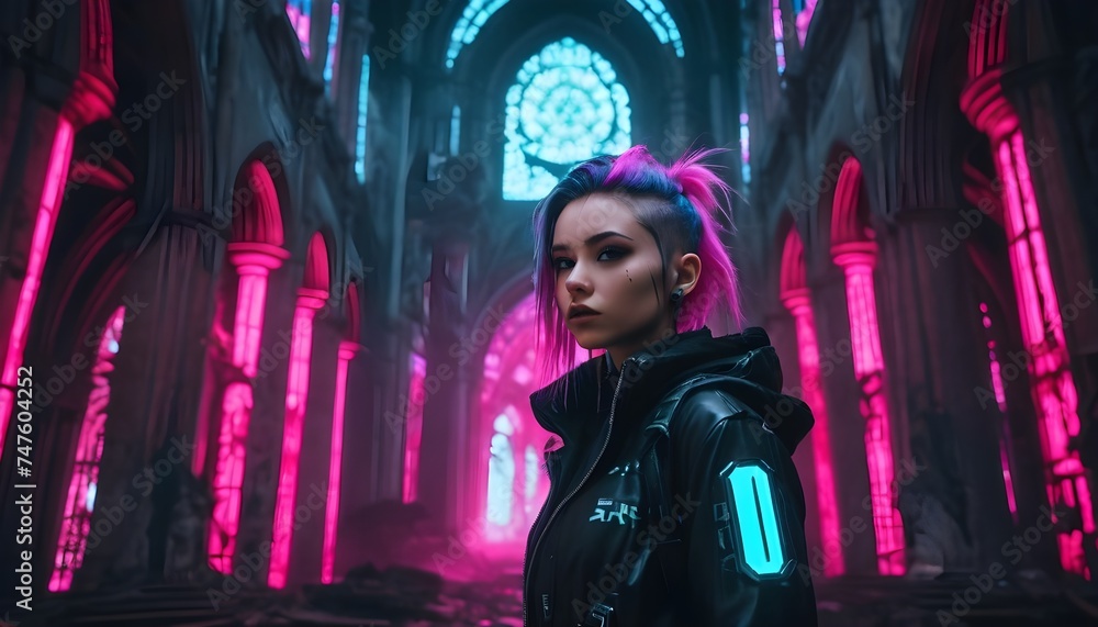 Cyberpunk woman in a ruined fantasy gothic cathedral