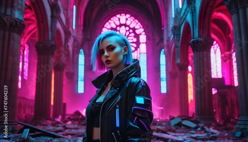 Cyberpunk woman in a ruined fantasy gothic church