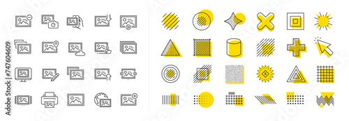 Print image, Photo camera, Upload picture icons. Design shape elements. Photo line icons. Edit image, Play presentation and photo printer. Download picture, Gallery carousel, placeholder pic. Vector