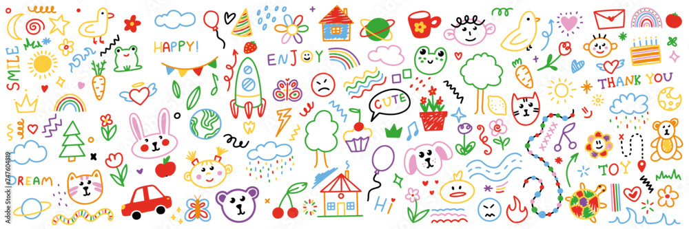 Cute kid scribble doodle icons set. Various icons such as hearts, stars, speech bubbles, arrows, lines. Hand drawn childish funny simple vector illustrations.
