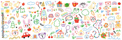 Cute kid scribble doodle icons set. Various icons such as hearts  stars  speech bubbles  arrows  lines. Hand drawn childish funny simple vector illustrations.