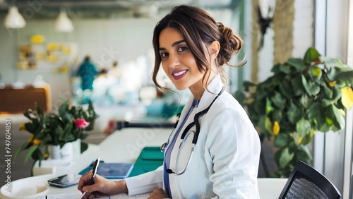 doctor at her workplace, Her brown hair, tied up in a neat bun, smiling wearing a white coat, She is in a modern and welcoming medical office