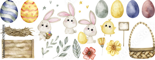 Vector hand-drawn watercolor illustration with easter bunny, chicken, box, basket, nest, flowers and eggs. A set for decorating and designing souvenirs, posters, postcards, prints.
