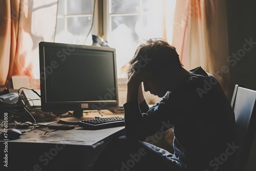 teen boy at desk silhouette computer monitor sad messy student photo