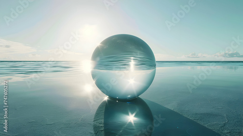 A perfectly round sphere casting a soft reflection on the shimmering surface of the ocean  creating a mesmerizing sight