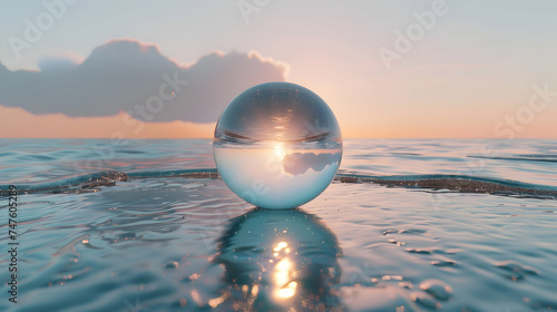 A perfectly round sphere casting a soft reflection on the shimmering surface of the ocean, creating a mesmerizing sight