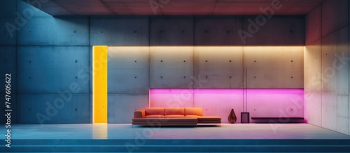 This living room features a sleek couch and a minimalist table. The space is designed with abstract architectural concrete elements and vibrant colored neon lighting.