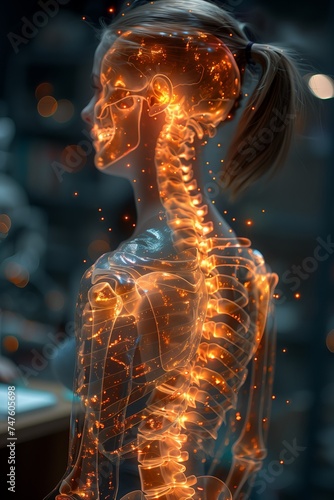 Profile and backside view on standing girl. X-ray of upper part of woman body, full spine, shoulder and elbow joints, arm bones in yellow illuminated tone combined with realistic girl photo.  © vellot