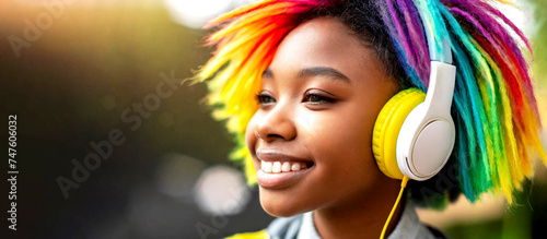 Frau mit Regenbogen Haarfarbe und Kopfhörern in der Stadt 