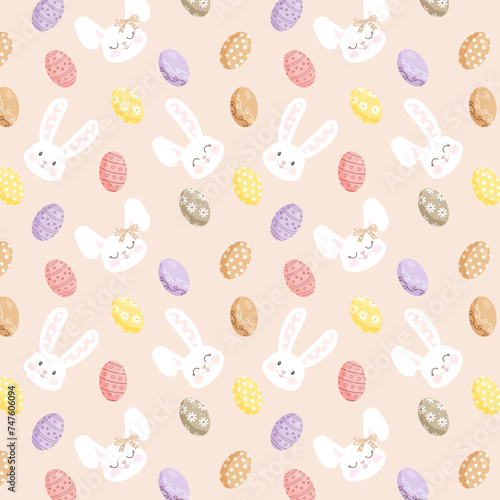 Vector seamless Easter pattern with three rabbits and colored eggs