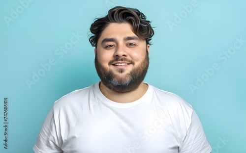 close up portrait of a plus size male, brunette, with beard, smiling to the camera, pastel color background, chubby male, overweight man. © yisby