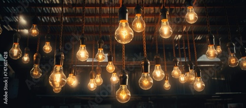 A collection of old-fashioned light bulbs suspended from the ceiling in an industrial setting. The light bulbs vary in size and shape, creating a unique and vintage aesthetic.