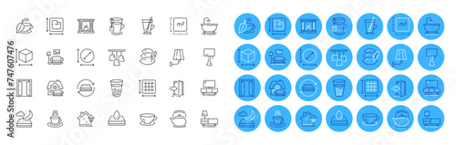 Tea cup, Furniture moving and Mattress line icons pack. Furniture, Dresser, Open door web icon. Teapot, Night mattress, Fireplace pictogram. Tea, Street light, Floor plan. Circle area. Vector