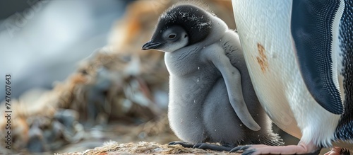 A fluffy chick, known as a banded or Cape penguin, stands next to an adult penguin. photo