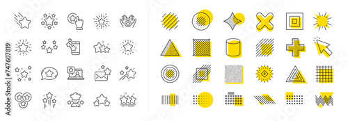 Falling star, Night, Glitter burst. Design shape elements. Stars line icons. Firework, twinkle stars, Chef award line icons. Favorite bookmark, premium star, ranking rate. Vector