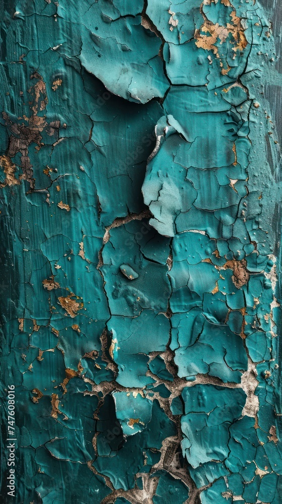 Obraz premium Detailed close-up of peeling paint on the rough surface of tree bark, revealing layers of color and texture.