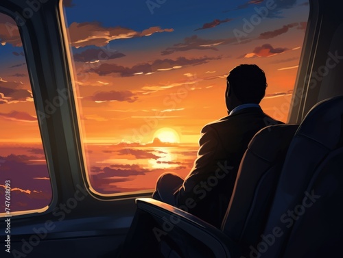 A male businessman sitting on an airplane, gazing at the sunset through the window. © Vitalii But
