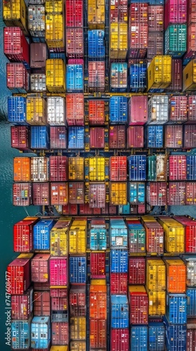 A large stack of colorful cargo containers floating on top of a body of water. © FryArt