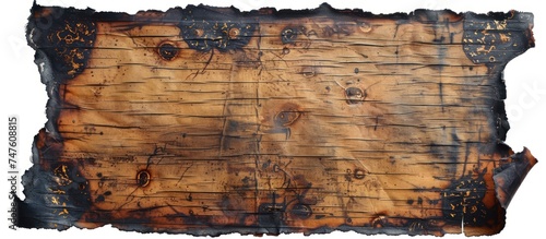A piece of wood displaying shades of brown and black, showcasing a weathered and aged appearance. © FryArt Studio