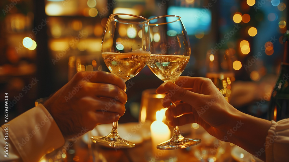 Two hands clinking wine glasses in a toast, with a blurred background of warm, ambient restaurant lighting.