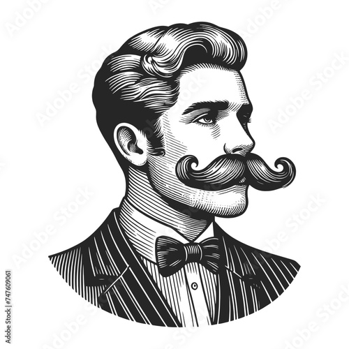 Old fashioned gentleman with mustache beard sketch engraving generative ai fictional character vector illustration. Scratch board imitation. Black and white image.
