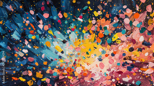 Confetti explosion mid-air, a burst of color and joy, vibrant colors in abstract brush strokes creates a dynamic and lively piece of modern artwork.