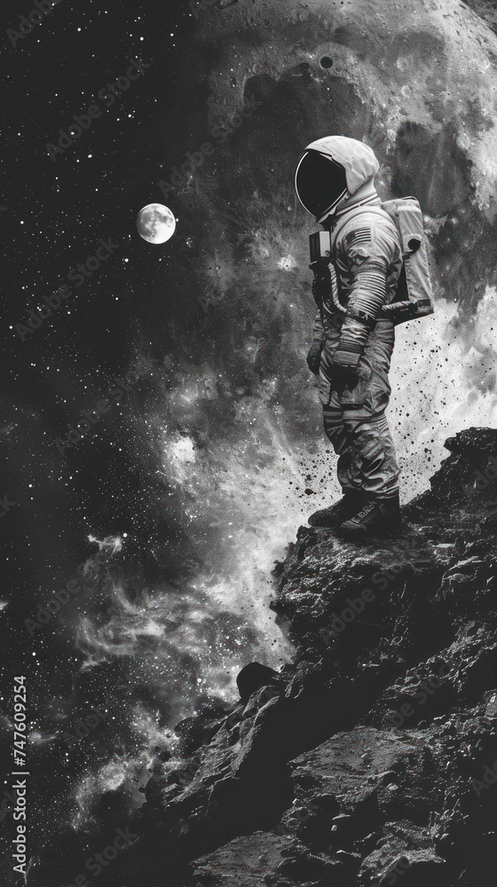 An astronaut stands atop a mountain, looking up at the moon in the night sky.