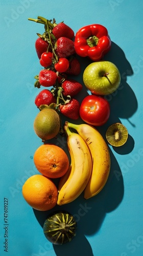 Various fruits and vegetables arranged on a blue surface, including apples, bananas, oranges, and cucumbers.