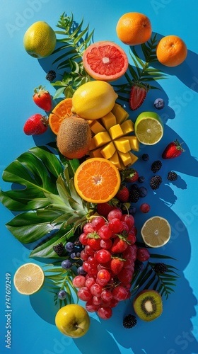 Various colorful fruits like apples  oranges  bananas  and grapes scattered on a vibrant blue tabletop.