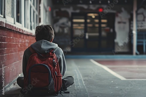young teen boy sitting on floor of school gym red backpack  photo