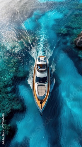 A luxury motor boat sails in the middle of a vast body of water, showcasing the serenity of the open sea.