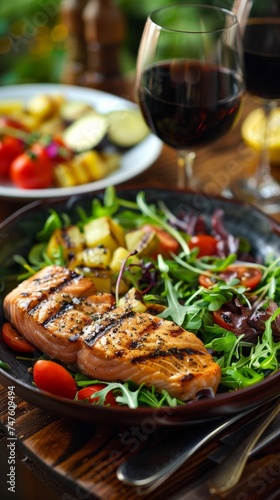 A plate of a meal with salmon, vegetables and wine, AI
