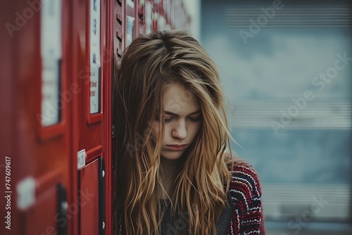 teen girl student alone red lockers school  photo
