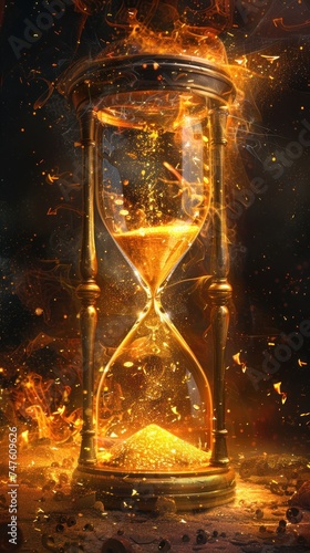 An hourglass engulfed in flames on a dark background, symbolizing the passage of time and urgency. © FryArt Studio