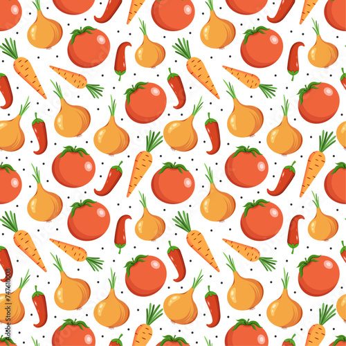 Fototapeta Naklejka Na Ścianę i Meble -  Vector seamless pattern with colourful vegetable, tomatoes, carrots, onions, hot pepper on white background, cartoon flat style