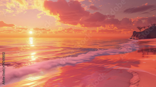 Vivid sunset over a calm ocean  with the sun painting the sky in shades of orange and pink  reflecting on the waters surface