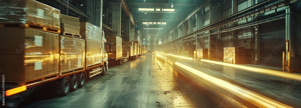A large truck navigates Warehouse. Motion blurred surroundings indicate speed and movement. A large truck navigates Warehouse. Motion blurred surroundings indicate speed and movement.