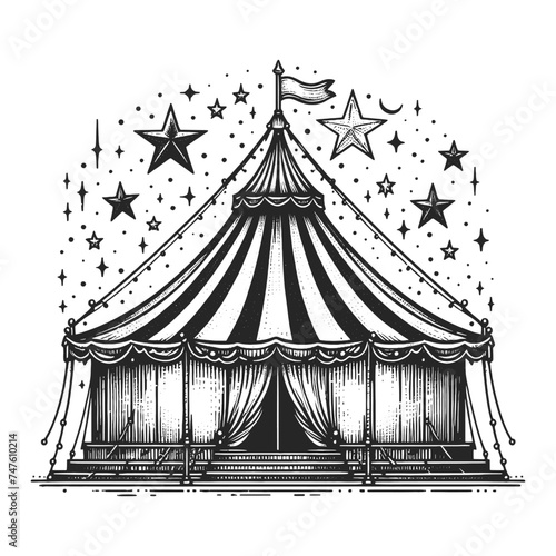 Circus tent sketch line art engraving generative ai vector illustration. Scratch board imitation. Black and white image.