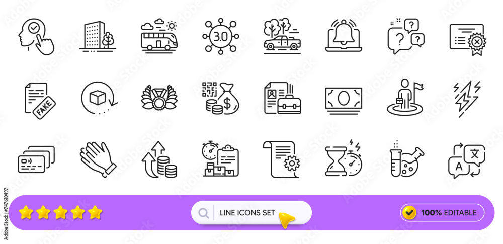 Reject certificate, Lightning bolt and Chemistry lab line icons for web app. Pack of Leadership, Return package, Question bubbles pictogram icons. Technical documentation, Card. Search bar. Vector Reject certificate, Lightning bolt and Chemistry lab line icons for web app. Pack of Leadership, Return package, Question bubbles pictogram icons. Technical documentation, Card. Search bar. Vector