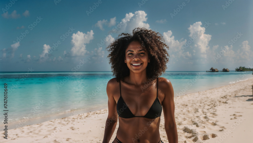 Bellissima ragazza di colore sorride sulla spiaggia di un'isola tropicale in una giornata di sole durante una vacanza - obrazy, fototapety, plakaty 