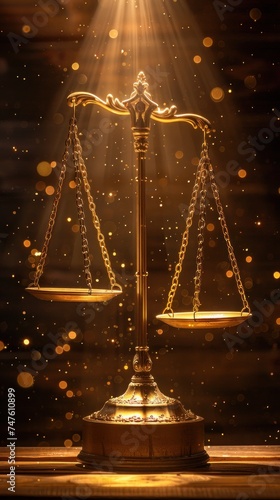 A golden balance Justice is placed on a wooden table, highlighting the precise measurements and weighing mechanism.