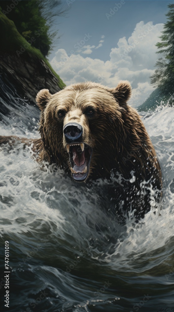 A painting depicting a bear swimming in the water. A painting depicting a bear swimming in the water.