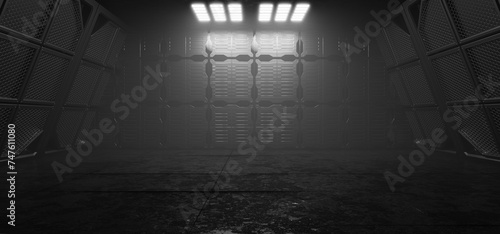 Background for futuristic design. Floodlights in a metal hangar. Technological for your product. Futuristic background. Dark empty hangar with smoke or fog, garage, empty dark stage, 3D render.